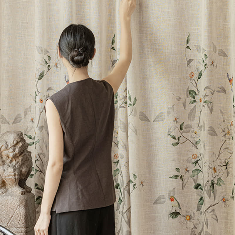 Bird and Plant Print Sheer Linen Gauze Curtain - image 3