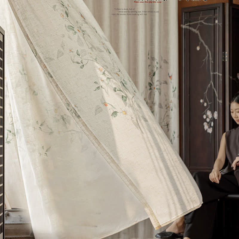 Bird and Plant Print Sheer Linen Gauze Curtain - image 5