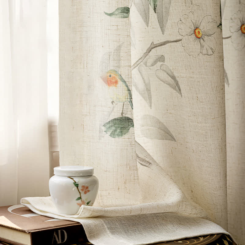 Bird and Plant Print Sheer Linen Gauze Curtain - image 7