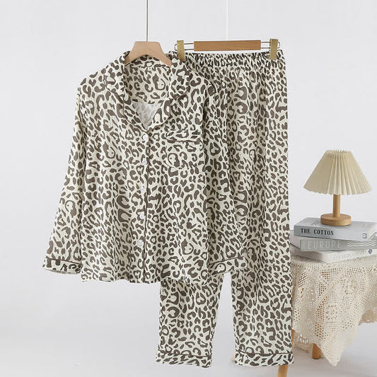 Leopard Print Cotton Gauze Loungewear Set - Gray Brown - XL - image 0