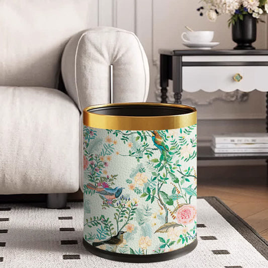 Floral Bird Leather Stainless Steel Trash Bin