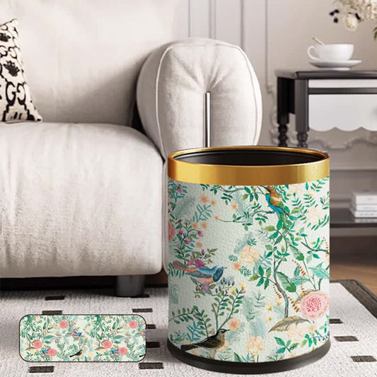 Floral Bird Leather Stainless Steel Trash Bin