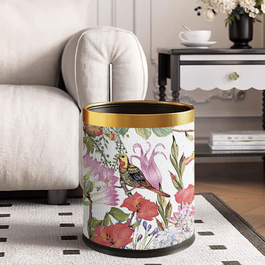 Leather Elegant Floral Bird Durable Trash Bin