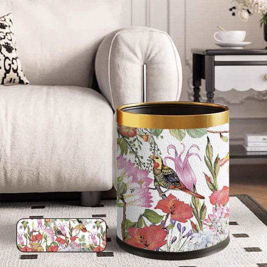 Leather Elegant Floral Bird Durable Trash Bin