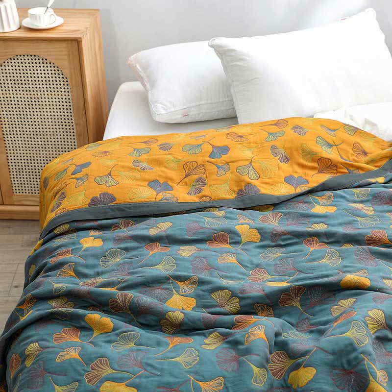 Ginkgo Leaf Cotton Reversible Quilt - Bluish Gray & Orange - King - Quilt - image 0