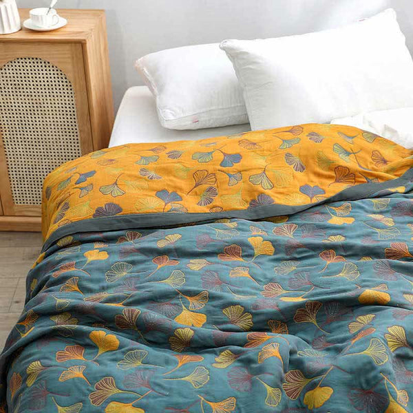 Ginkgo Leaf Cotton Reversible Quilt - Bluish Gray & Orange - King - Quilt - image 0