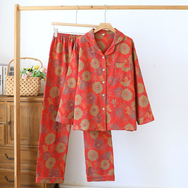 Pure Cotton Yarn-dyed Jacquard Peony Loungewear Set