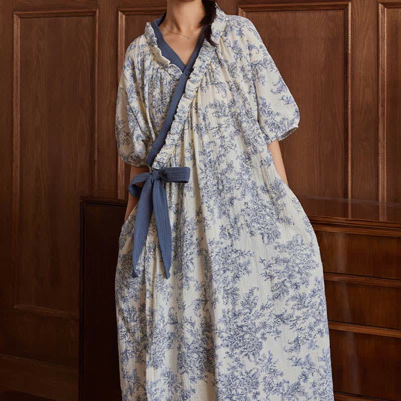 Country Style Padded Tie Nightgown with Pocket - image 3