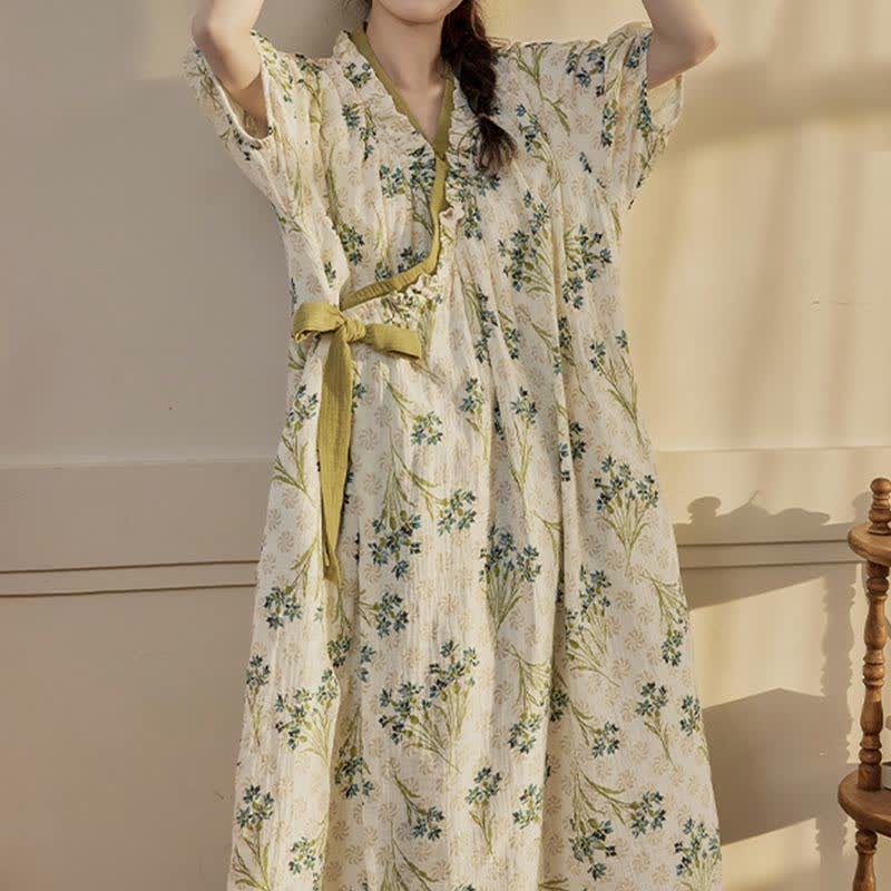 Pastoral Padded Short Sleeve Tie-Back Nightgown with Pocket