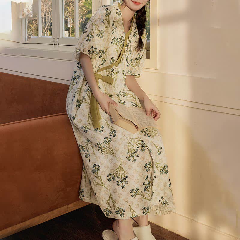 Pastoral Padded Short Sleeve Tie-Back Nightgown with Pocket