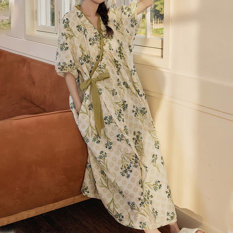 Pastoral Padded Short Sleeve Tie-Back Nightgown with Pocket
