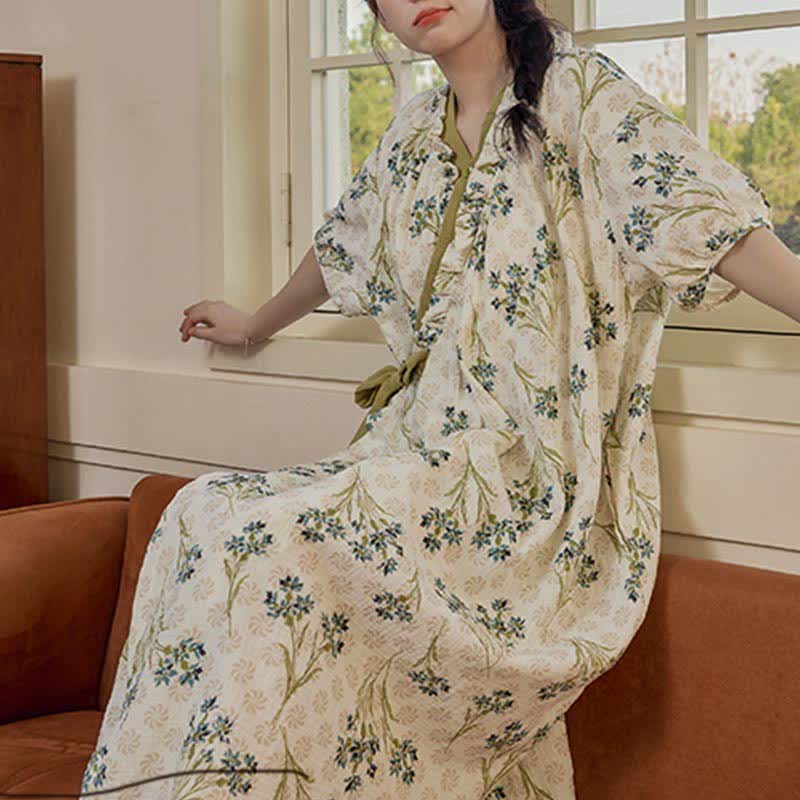 Pastoral Padded Short Sleeve Tie-Back Nightgown with Pocket