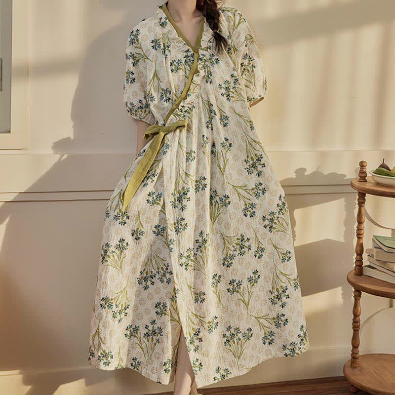 Pastoral Padded Short Sleeve Tie-Back Nightgown with Pocket