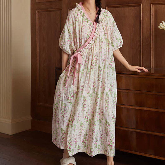 Elegant Floral Print Tie-Back Nightgown with Pocket