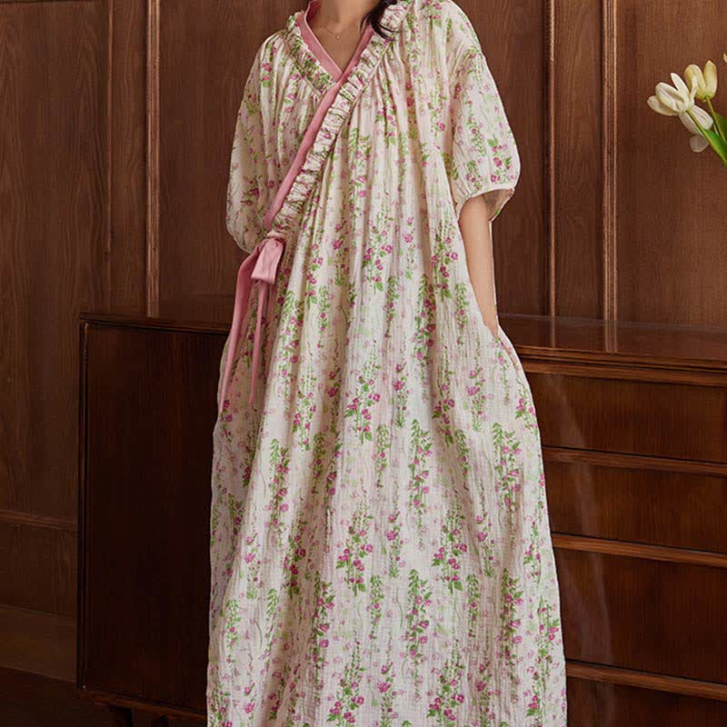 Elegant Floral Print Tie-Back Nightgown with Pocket - image 3