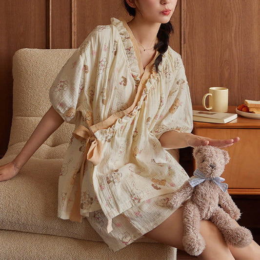 Cartoon Print Short Sleeve Bra Free Pajama Set