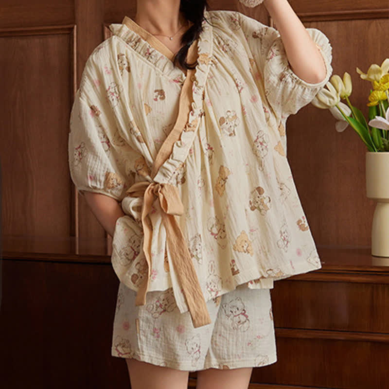 Cartoon Print Short Sleeve Bra Free Pajama Set