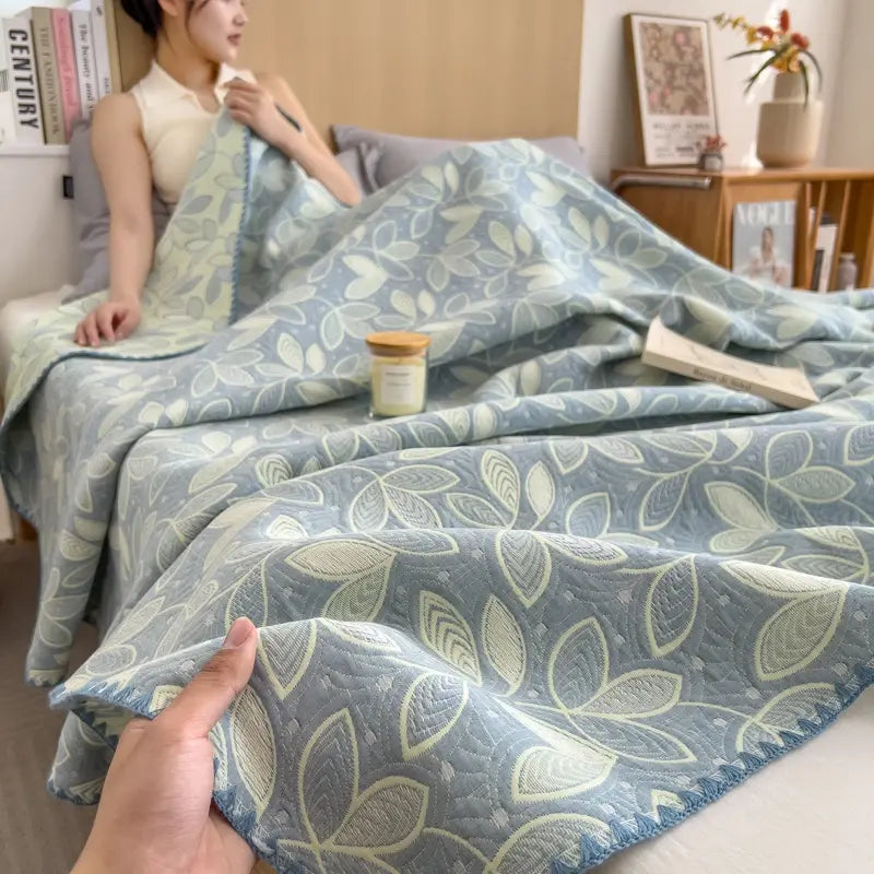 Elegant Leaf Cotton Layers Gauze Reversible Coverlet