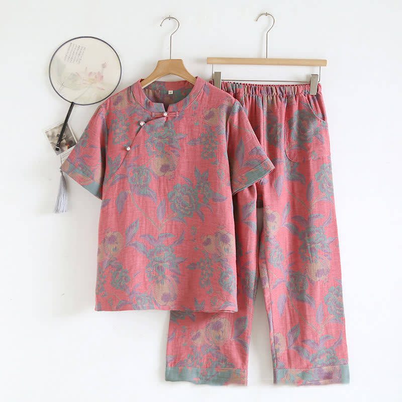 Cotton Yarn-dyed Retro Short-sleeve Loungewear Set