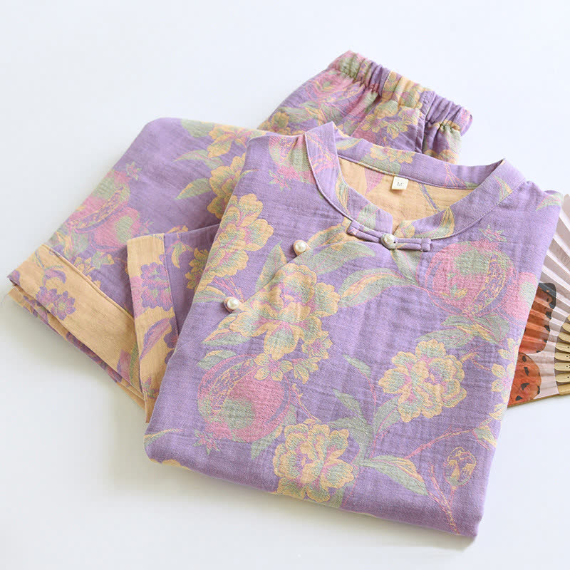 Cotton Yarn-dyed Retro Short-sleeve Loungewear Set