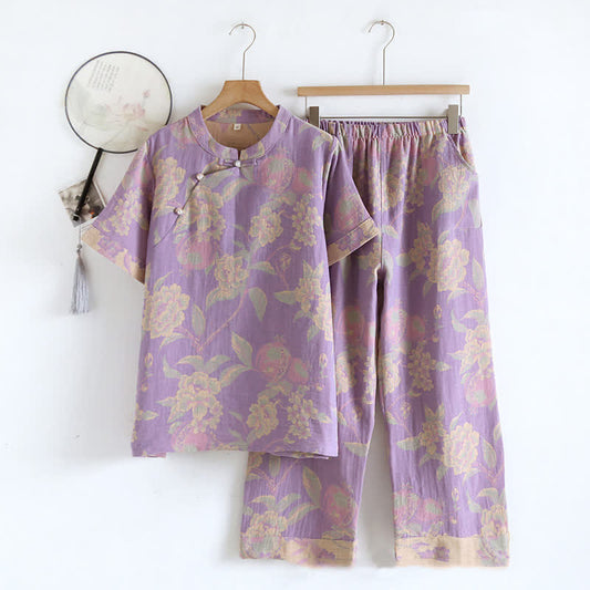 Cotton Yarn-dyed Retro Short-sleeve Loungewear Set