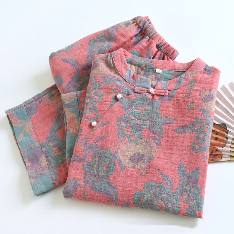 Cotton Yarn-dyed Retro Short-sleeve Loungewear Set