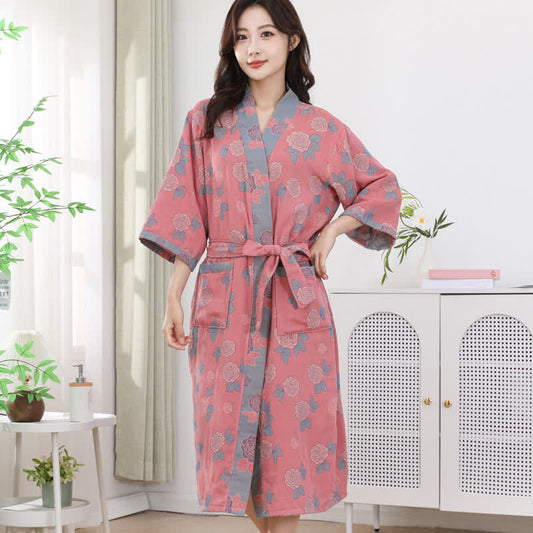 Double-layer Cotton Gauze Rose Print Bathrobe