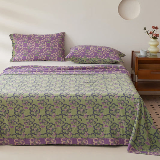 Elegant Floral Cotton Gauze Yarn-dyed Reversible Coverlet