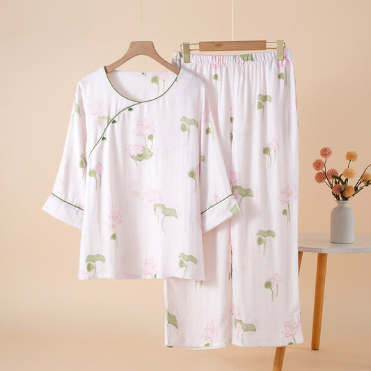 Round-neck Bamboo Fiber Lotus Pajama Set