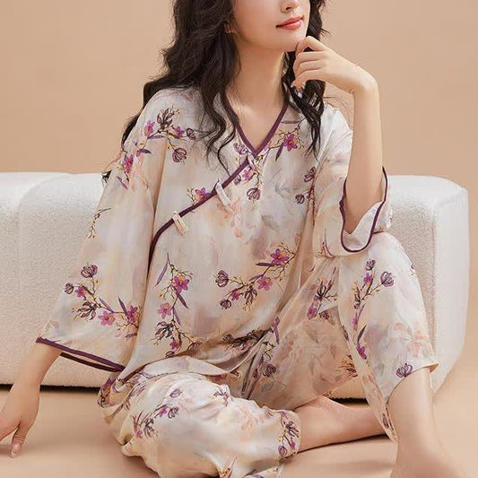 Peach Blossom Knotted  Buttons Loungewear Set