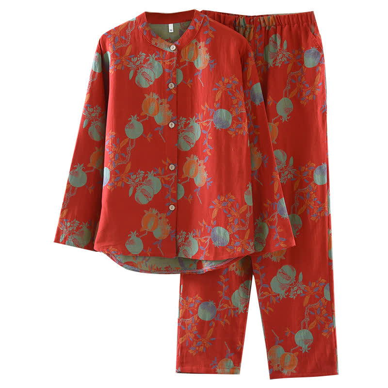 Pomegranate Flower Cotton Jacquard Vintage Yarn-dyed Pajama Set - image 12