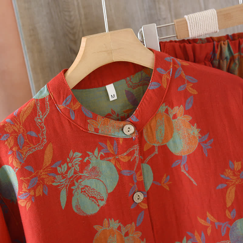 Pomegranate Flower Cotton Jacquard Vintage Yarn-dyed Pajama Set - image 5