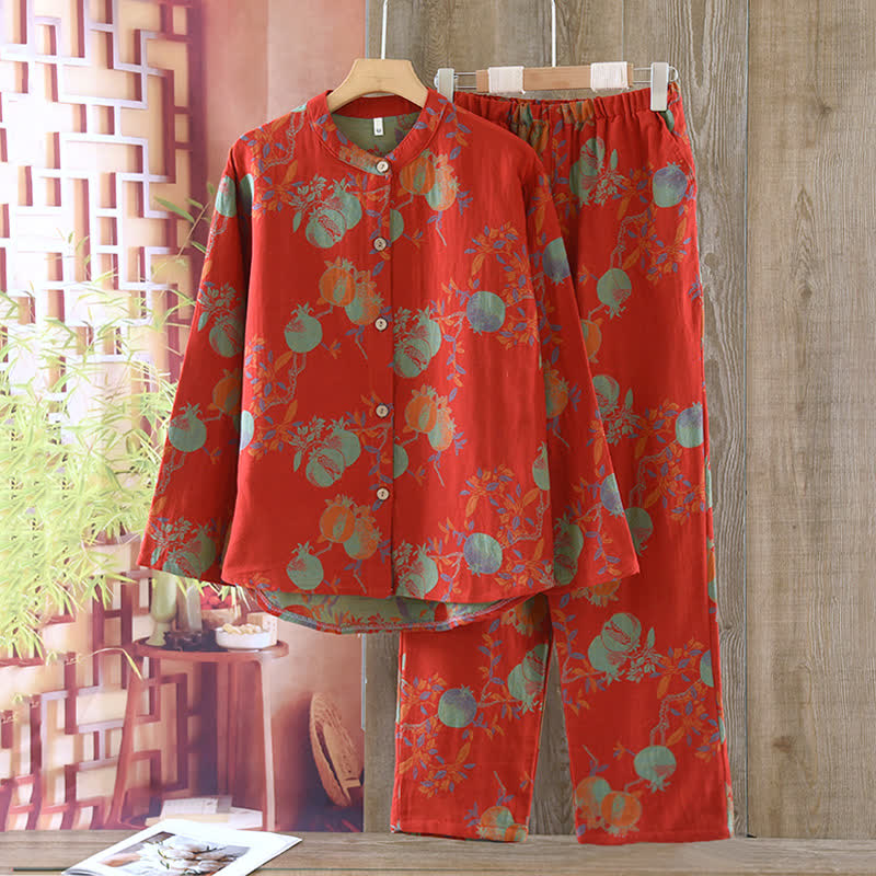 Pomegranate Flower Cotton Jacquard Vintage Yarn-dyed Pajama Set - image 4