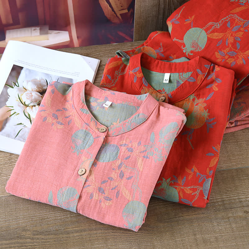 Pomegranate Flower Cotton Jacquard Vintage Yarn-dyed Pajama Set - image 2