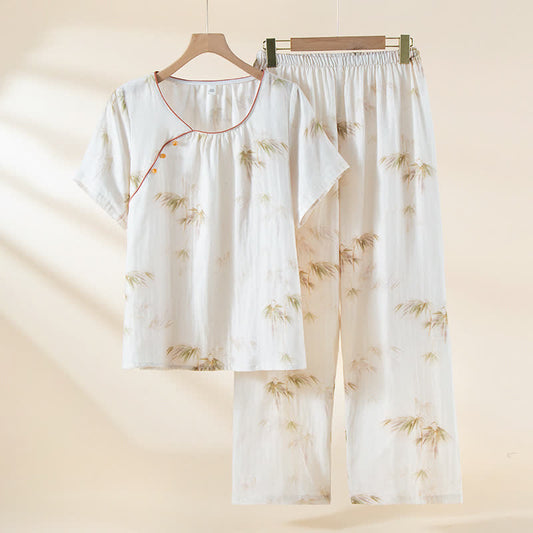 Vintage Bamboo Print Cotton Gauze Beaded Button Loungewear Set