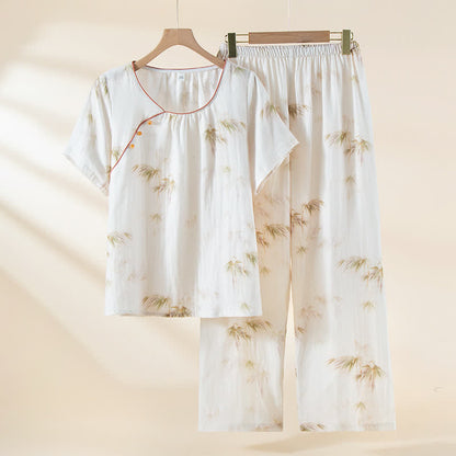 Vintage Bamboo Print Cotton Gauze Beaded Button Loungewear Set - XXL - image 0