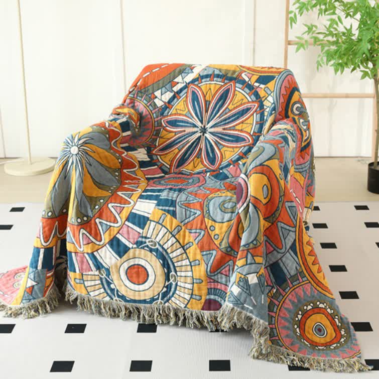 Artistic Floral Cotton Gauze Tassel Reversible Quilt