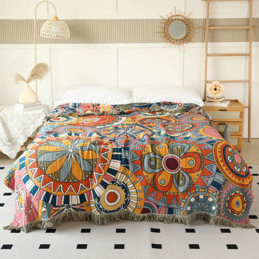 Artistic Floral Cotton Gauze Tassel Reversible Quilt