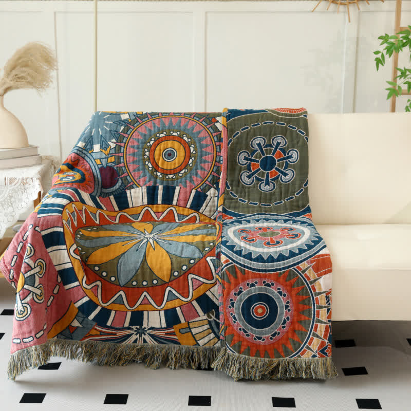 Artistic Floral Cotton Gauze Tassel Reversible Quilt