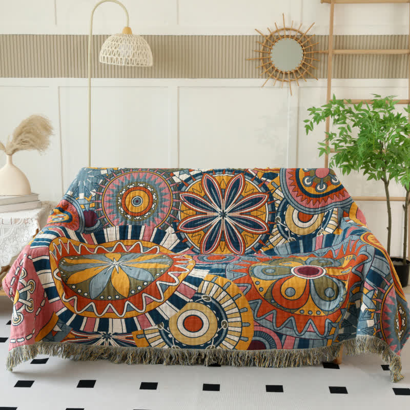 Artistic Floral Cotton Gauze Tassel Reversible Quilt