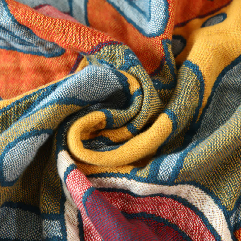 Artistic Floral Cotton Gauze Tassel Reversible Quilt