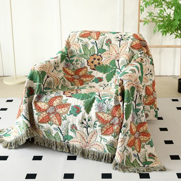 Floral Leaf Cotton Gauze Tassel Reversible Blanket