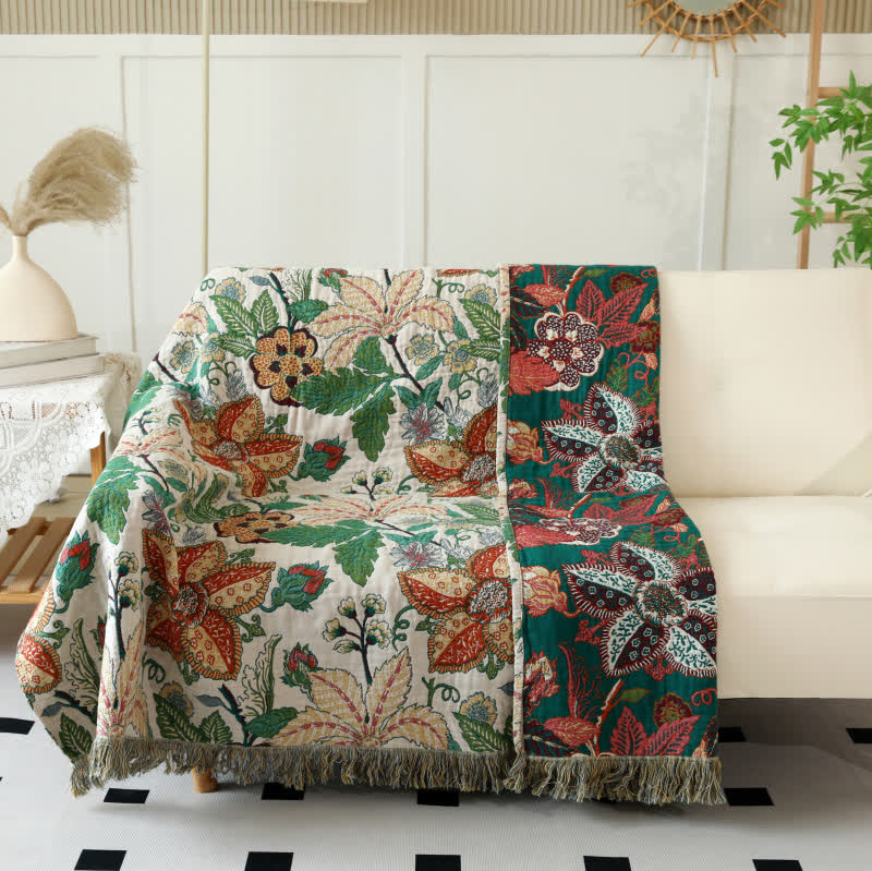 Floral Leaf Cotton Gauze Tassel Reversible Blanket