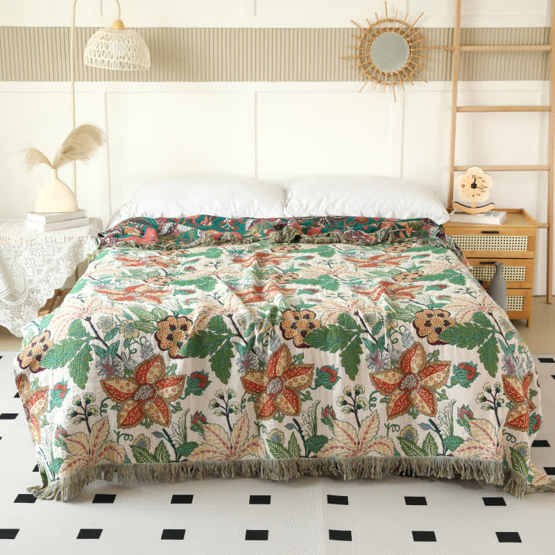 Floral Leaf Cotton Gauze Tassel Reversible Blanket
