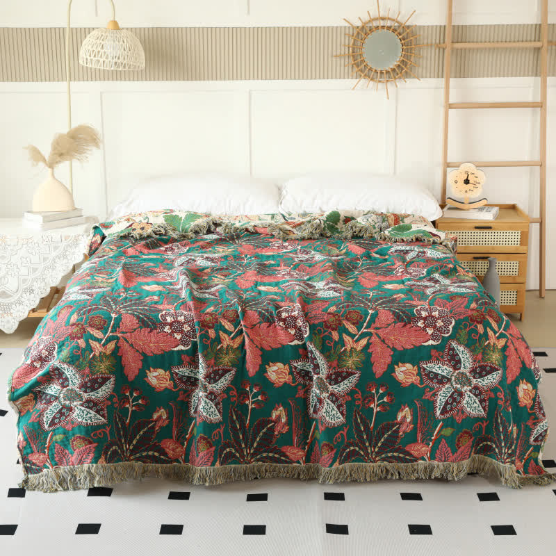 Floral Leaf Cotton Gauze Tassel Reversible Blanket