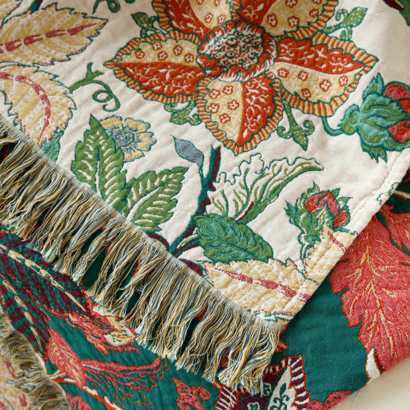 Floral Leaf Cotton Gauze Tassel Reversible Blanket