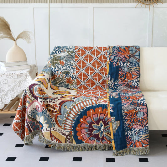 Ethnic Style Floral Plant Cotton Gauze Reversible Blanket