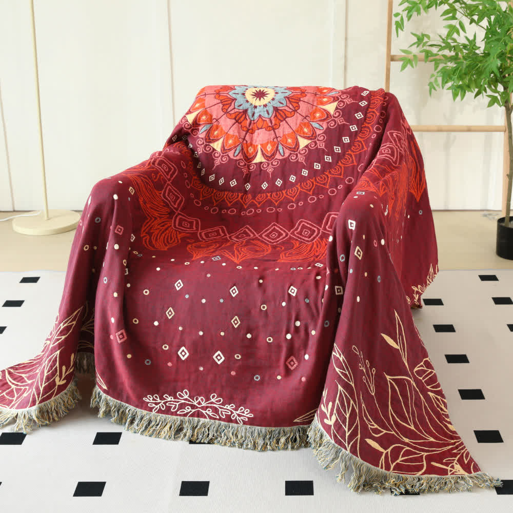 Ethnic Red Cotton Gauze Reversible Blanket