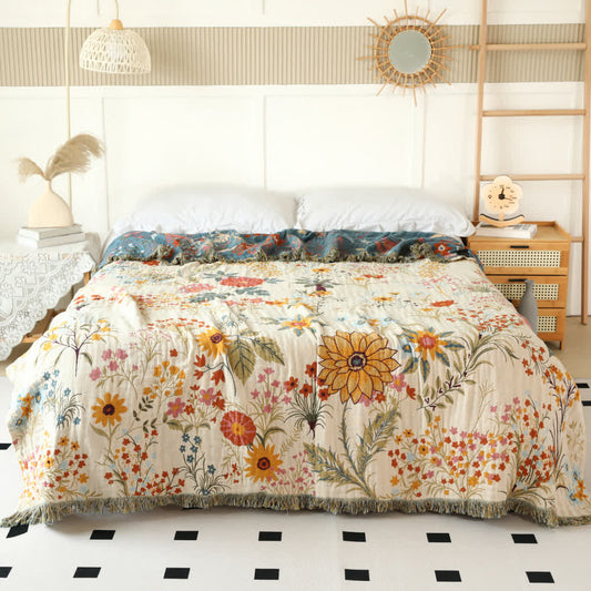 Rural Floral Cotton Gauze Reversible Quilt