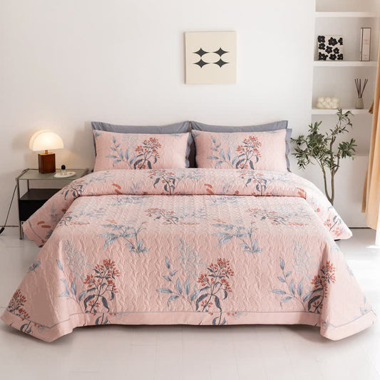 Rustic Floral Leaf Cotton Quilt - Pink - Quilt with 2PCS Pillowcases - King - image 0